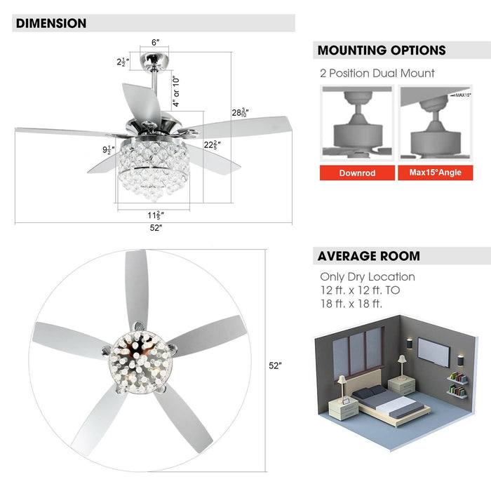 52" Berkshire Modern Downrod Mount Reversible Crystal Ceiling Fan with Lighting and Remote Control - ParrotUncle
