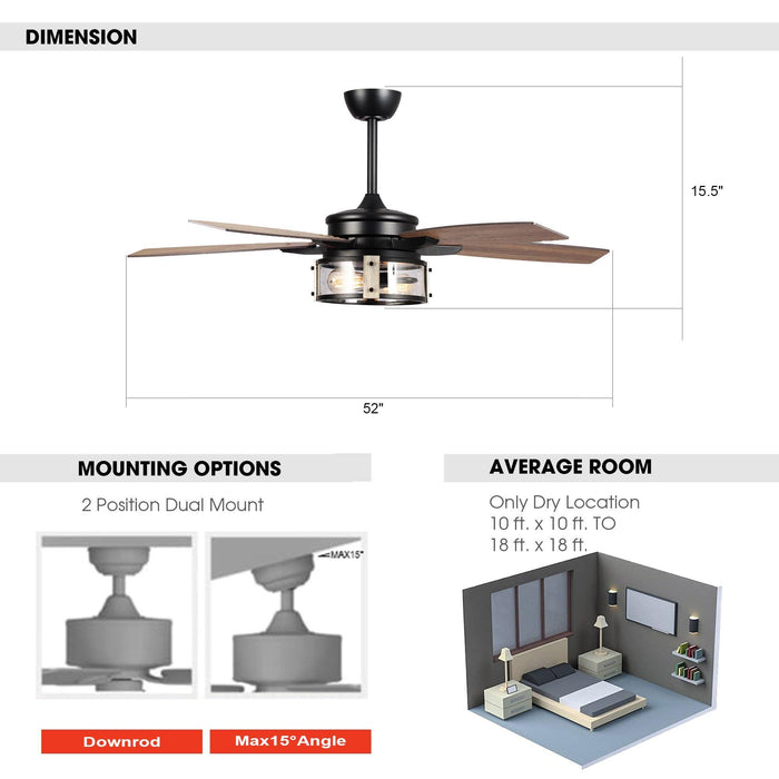 52" Coimbatore Farmhouse Downrod Mount Reversible Ceiling Fan with Lighting and Remote Control - ParrotUncle
