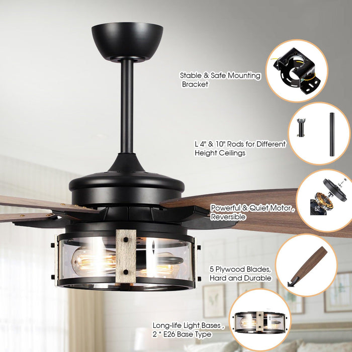 52" Coimbatore Farmhouse Downrod Mount Reversible Ceiling Fan with Lighting and Remote Control - ParrotUncle