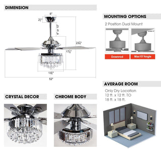 52" Elkton Modern Reversible Crystal Ceiling Fan With Chandelier