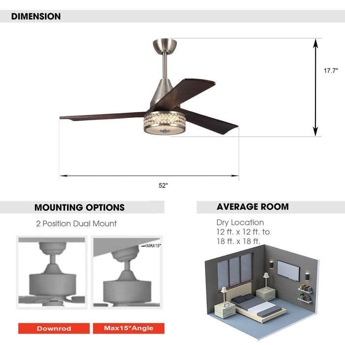52" Farmhouse Satin Nickel Downrod Mount Reversible Crystal Ceiling Fan with Lighting and Remote Control - ParrotUncle