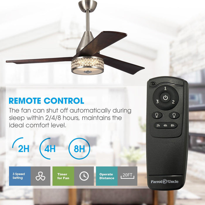 52" Farmhouse Satin Nickel Downrod Mount Reversible Crystal Ceiling Fan with Lighting and Remote Control - ParrotUncle