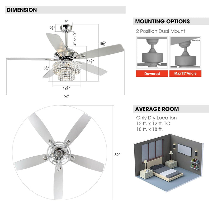 52" Howell Modern Downrod Mount Reversible Crystal Ceiling Fan with Lighting and Remote Control - ParrotUncle
