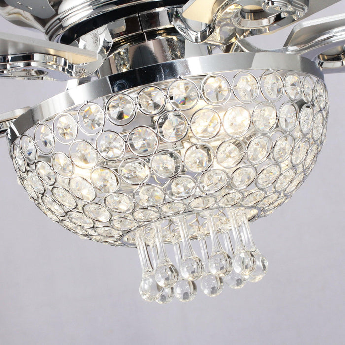 52" Kanpur Modern Chrome Flush Mount Reversible Crystal Ceiling Fan with Lighting and Remote Control - ParrotUncle