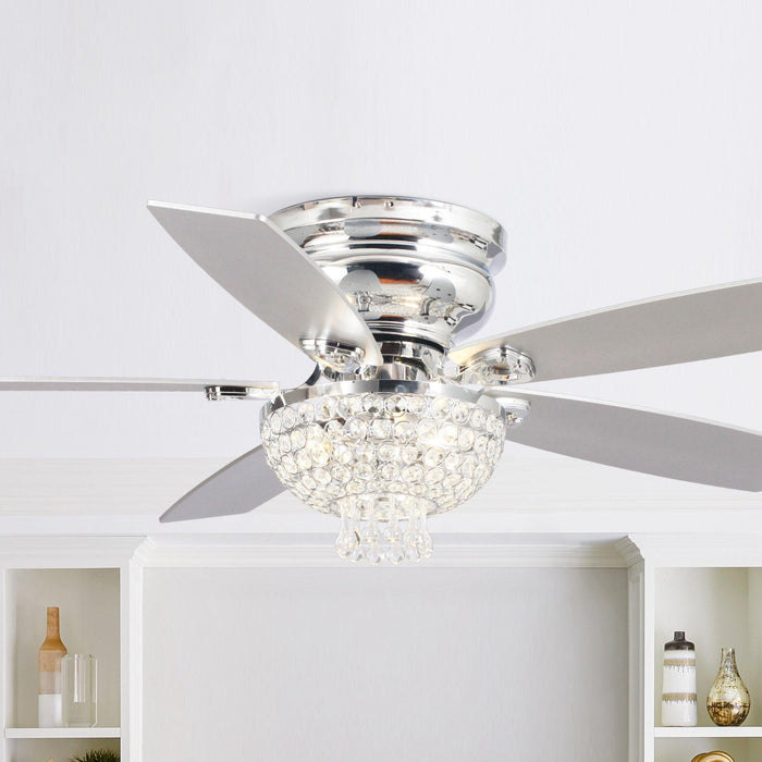 52" Kanpur Modern Chrome Flush Mount Reversible Crystal Ceiling Fan with Lighting and Remote Control - ParrotUncle