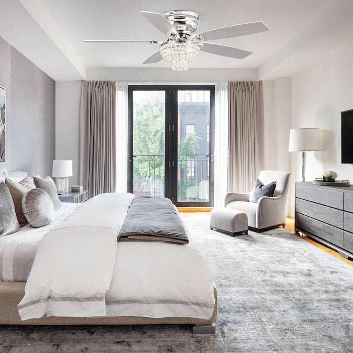 52" Kanpur Modern Chrome Flush Mount Reversible Crystal Ceiling Fan with Lighting and Remote Control - ParrotUncle