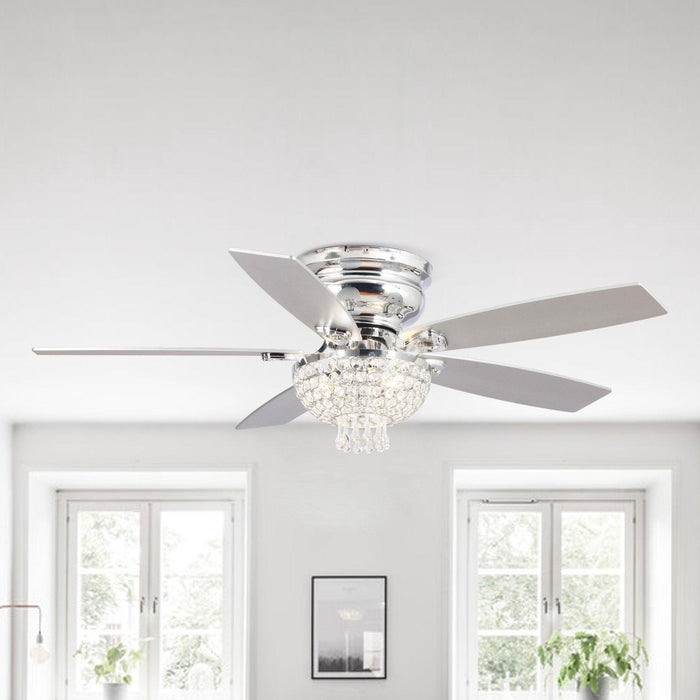 52" Kanpur Modern Chrome Flush Mount Reversible Crystal Ceiling Fan with Lighting and Remote Control - ParrotUncle