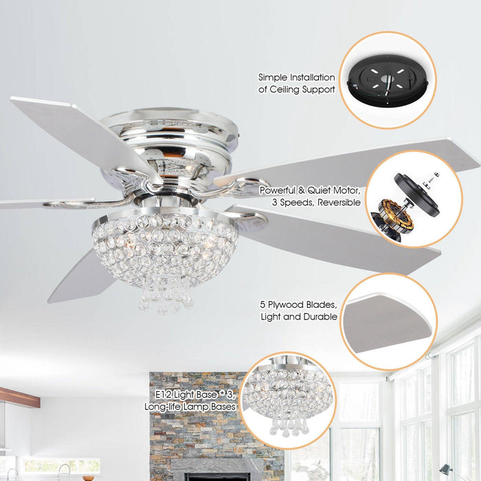52" Kanpur Modern Chrome Flush Mount Reversible Crystal Ceiling Fan with Lighting and Remote Control - ParrotUncle