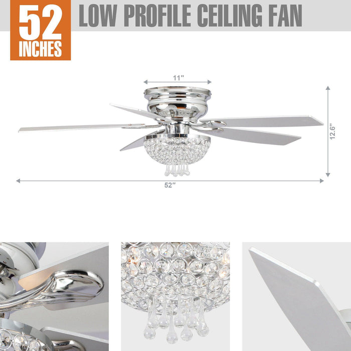52" Kanpur Modern Chrome Flush Mount Reversible Crystal Ceiling Fan with Lighting and Remote Control - ParrotUncle
