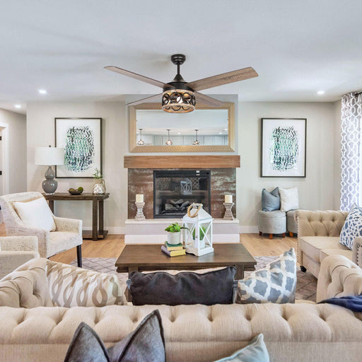 52" Kashmir Farmhouse Downrod Mount Reversible Ceiling Fan with Lighting and Remote Control - ParrotUncle