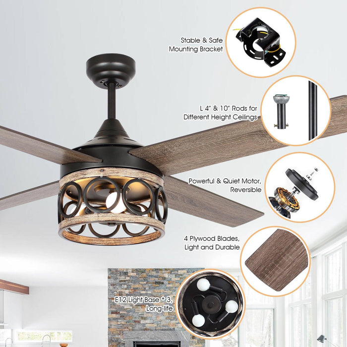 52" Kashmir Farmhouse Downrod Mount Reversible Ceiling Fan with Lighting and Remote Control - ParrotUncle