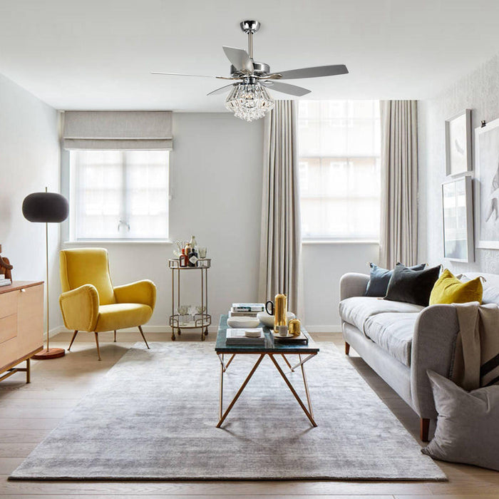 52" Kerala Modern Chrome Downrod Mount Reversible Crystal Ceiling Fan with Lighting and Remote Control - ParrotUncle