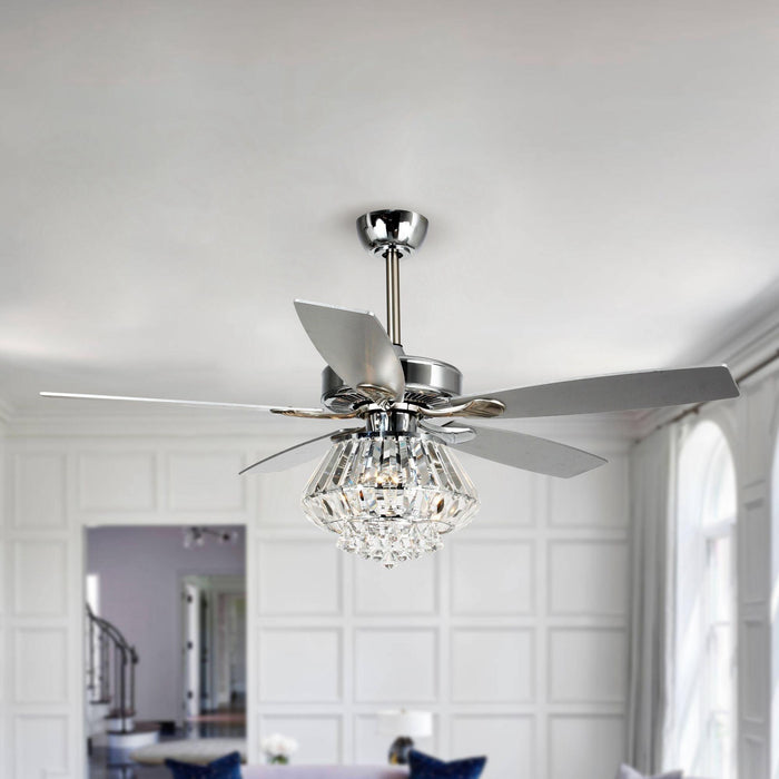 52" Kerala Modern Chrome Downrod Mount Reversible Crystal Ceiling Fan with Lighting and Remote Control - ParrotUncle