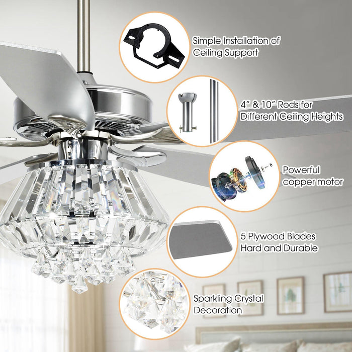 52" Kerala Modern Chrome Downrod Mount Reversible Crystal Ceiling Fan with Lighting and Remote Control - ParrotUncle