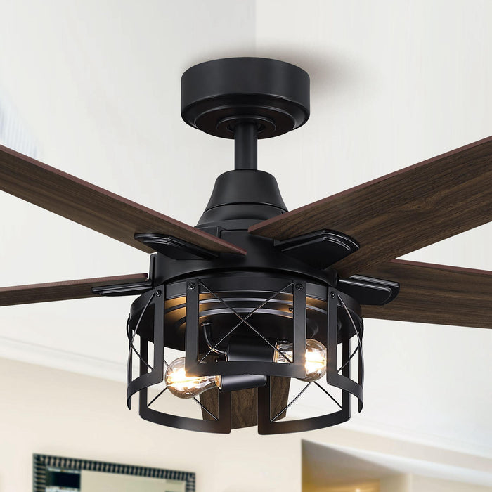 52" Kolkata Industrial Downrod Mount Reversible Ceiling Fan with Lighting and Remote Control - ParrotUncle