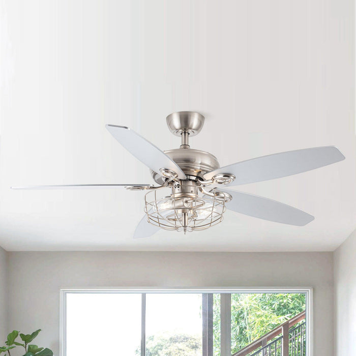 52" Kyla Industrial Brushed Nickel Reversible Caged Ceiling Fan with Lighting - ParrotUncle