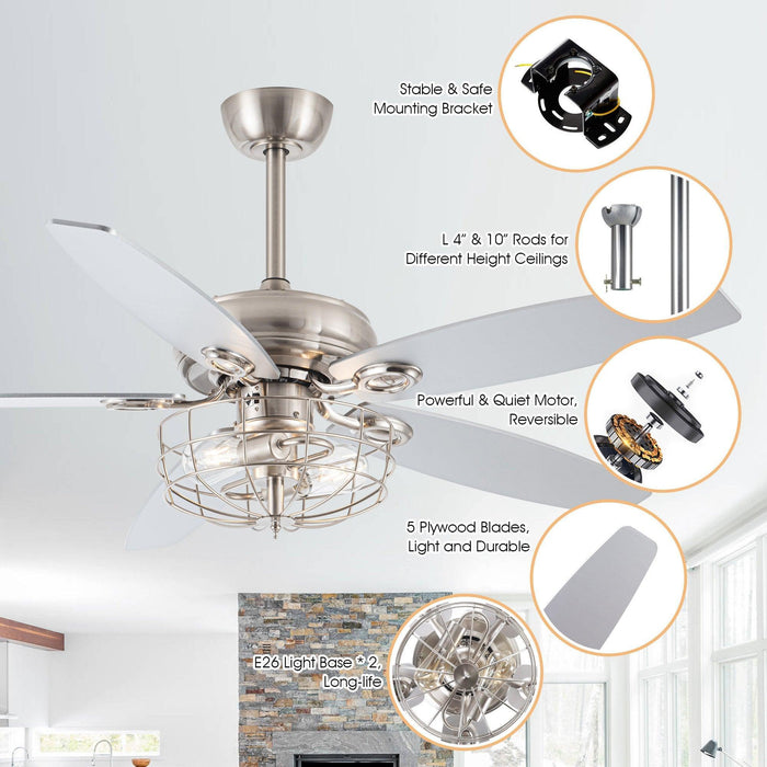 52" Kyla Industrial Brushed Nickel Reversible Caged Ceiling Fan with Lighting - ParrotUncle