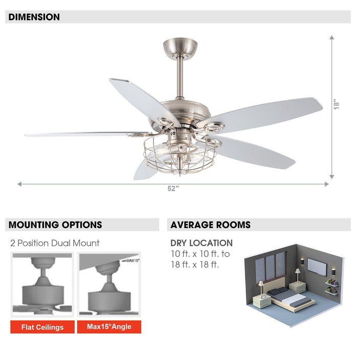 52" Kyla Industrial Brushed Nickel Reversible Caged Ceiling Fan with Lighting - ParrotUncle