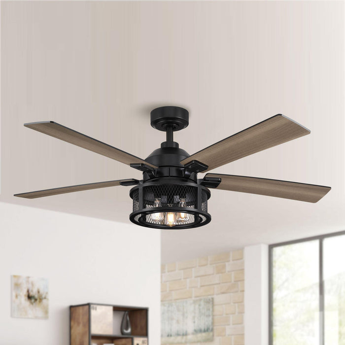 52" Lucknow Industrial Black Reversible Ceiling Fan with Lighting and Remote Control - ParrotUncle