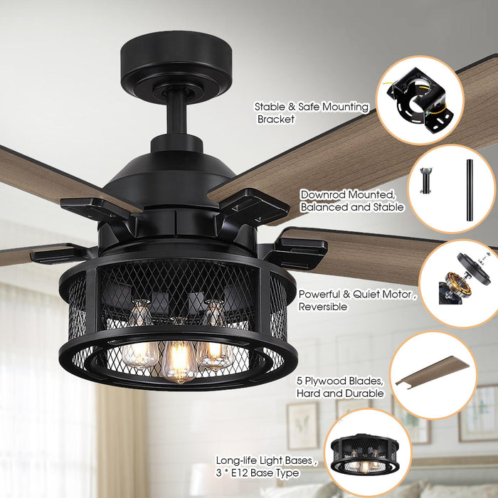 52" Lucknow Industrial Black Reversible Ceiling Fan with Lighting and Remote Control - ParrotUncle