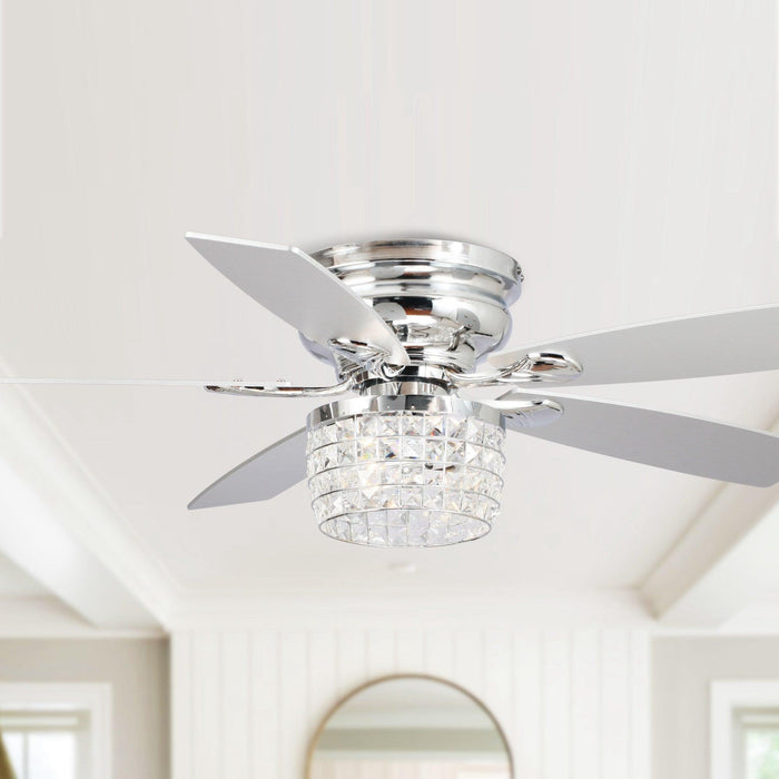 52" Panipat Modern Chrome Flush Mount Reversible Crystal Ceiling Fan with Lighting and Remote Control - ParrotUncle