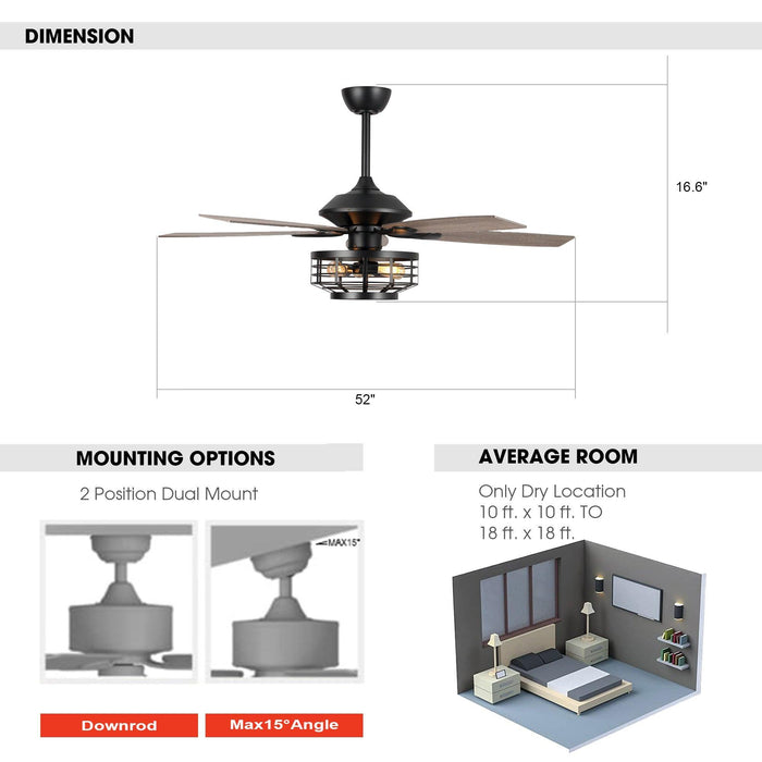 52" Paquette Industrial Downrod Mount Reversible Ceiling Fan with Lighting and Remote Control - ParrotUncle