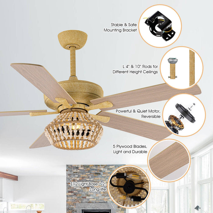52" Pune Farmhouse Downrod Mount Reversible Ceiling Fan with Lighting and Remote Control - ParrotUncle