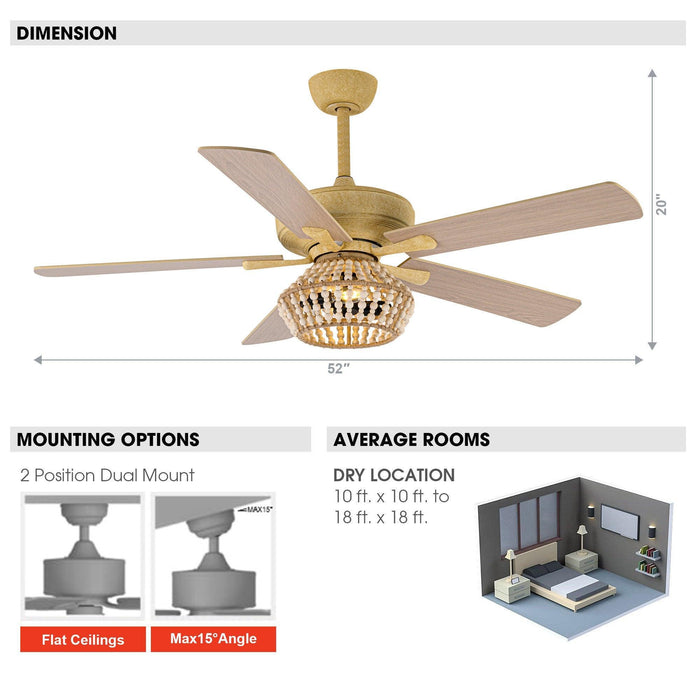 52" Pune Farmhouse Downrod Mount Reversible Ceiling Fan with Lighting and Remote Control - ParrotUncle