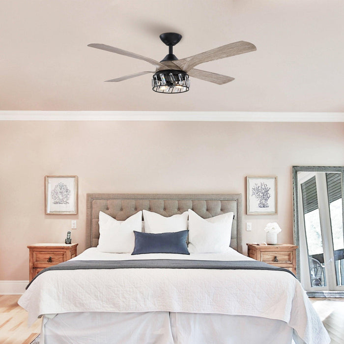 52" Tata Nagar Industrial Downrod Mount Reversible Crystal Ceiling Fan with Lighting and Remote Control - ParrotUncle