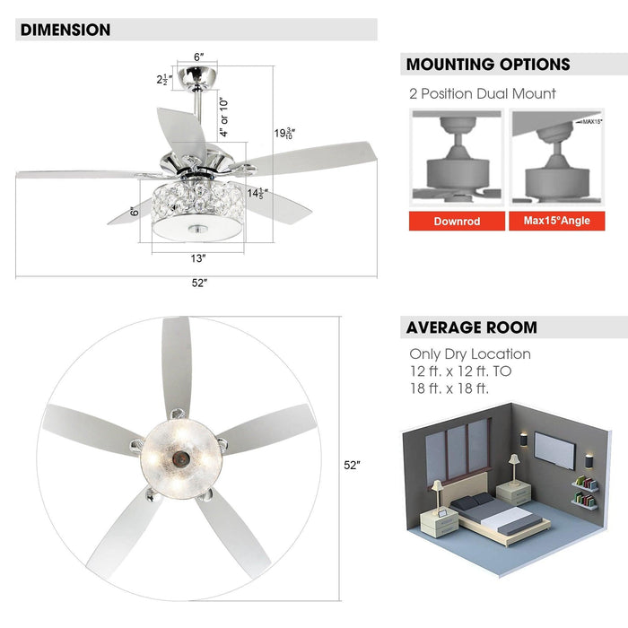 52" Tibuh Modern Downrod Mount Reversible Crystal Ceiling Fan with Lighting and Remote Control - ParrotUncle