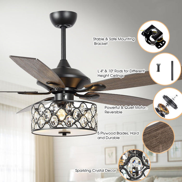 52" Tibuh Modern Downrod Mount Reversible Crystal Ceiling Fan with Lighting and Remote Control - ParrotUncle