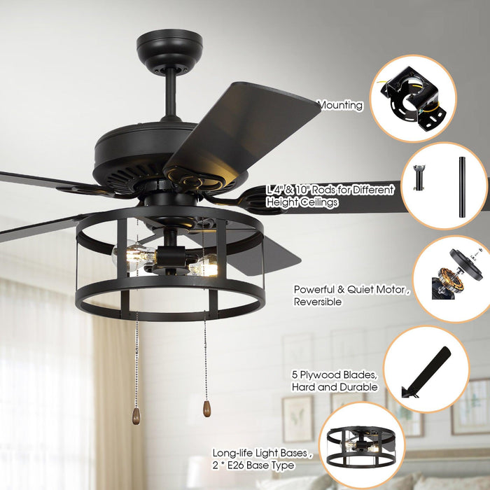 52" Urbana Downrod Mount Reversible Industrial Ceiling Fan with Lighting and Pull Chain - ParrotUncle