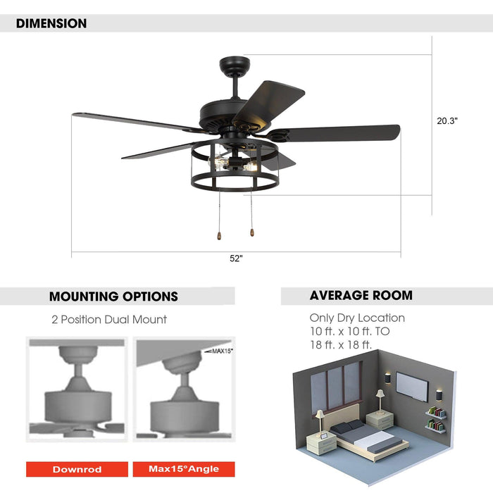52" Urbana Downrod Mount Reversible Industrial Ceiling Fan with Lighting and Pull Chain - ParrotUncle
