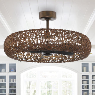 Perimost 35 Inch Hamptons Golden Bronze Downrod Mount Luxury Caged Ceiling Fan With Light