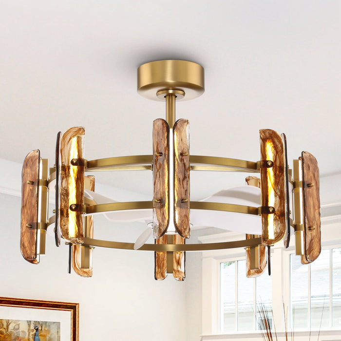 Perimost 32 Inch Electroplated Golden Downrod Mount Luxury Fandelier with Light and Remote Control