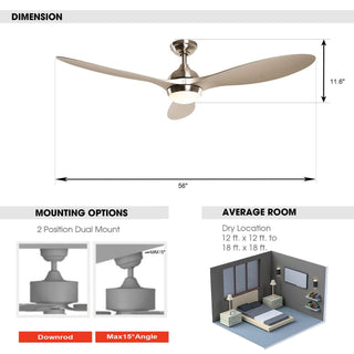 56" Bernardino Hamptons Modern Brushed Nickel DC Motor Downrod Mount Reversible Ceiling Fan with Lighting and Remote Control