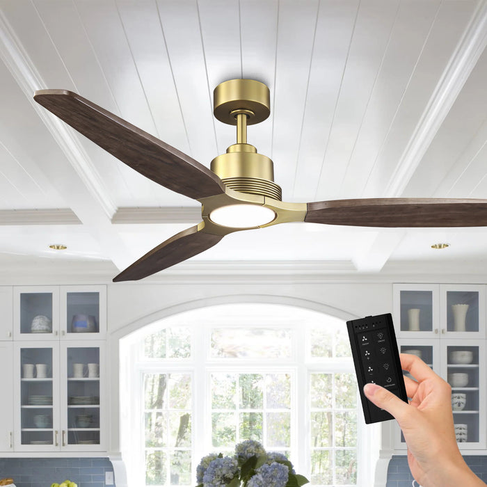 56 Inch Soft Brass Solid Wood Blades LED Ceiling Fan with Remote Control