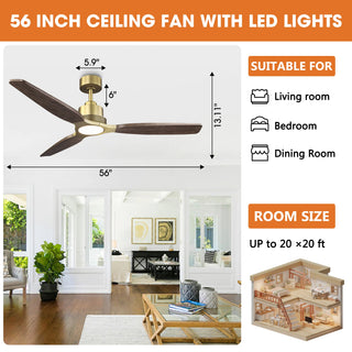 56 Inch Hamptons Soft Brass Solid Wood Blades LED Ceiling Fan with Remote Control