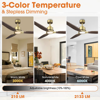 56 Inch Hamptons Soft Brass Solid Wood Blades LED Ceiling Fan with Remote Control