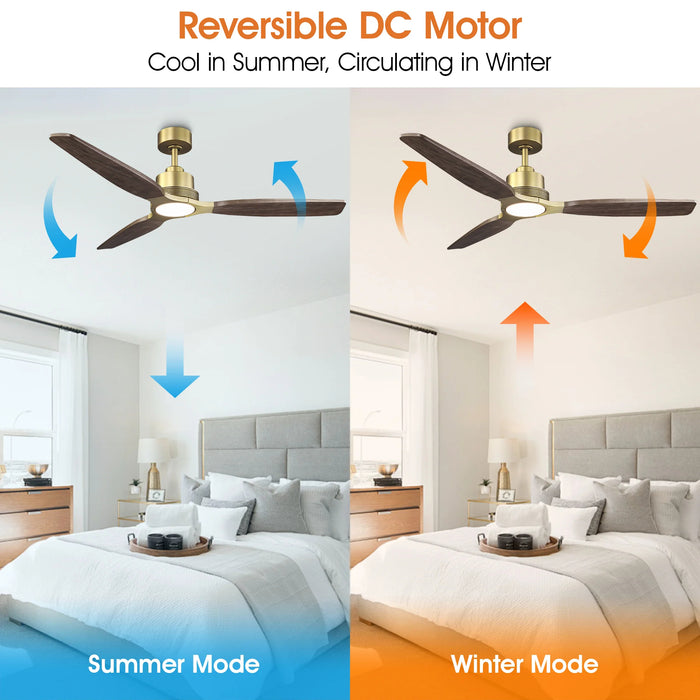 56 Inch Soft Brass Solid Wood Blades LED Ceiling Fan with Remote Control