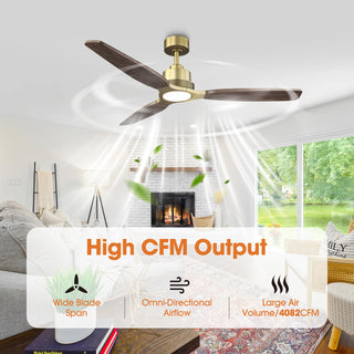 56 Inch Hamptons Soft Brass Solid Wood Blades LED Ceiling Fan with Remote Control