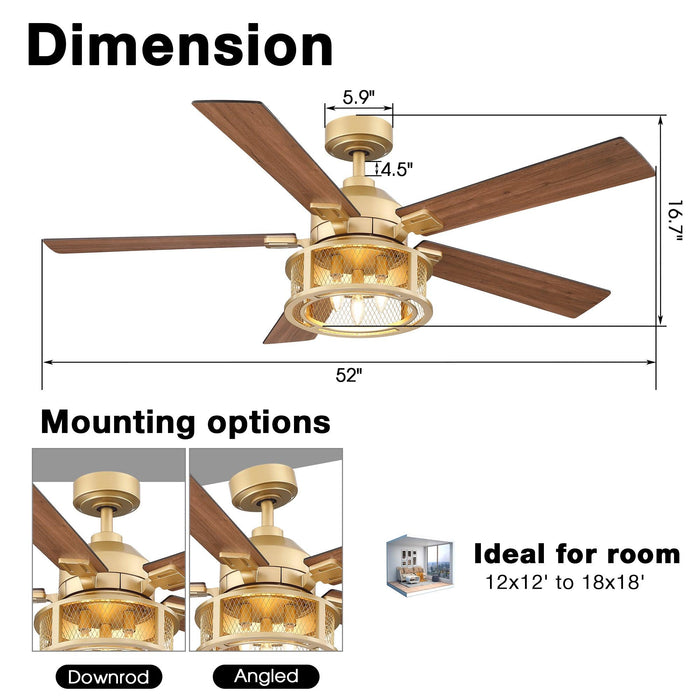 52" Lucknow Industrial Black Reversible Ceiling Fan with Lighting and Remote Control