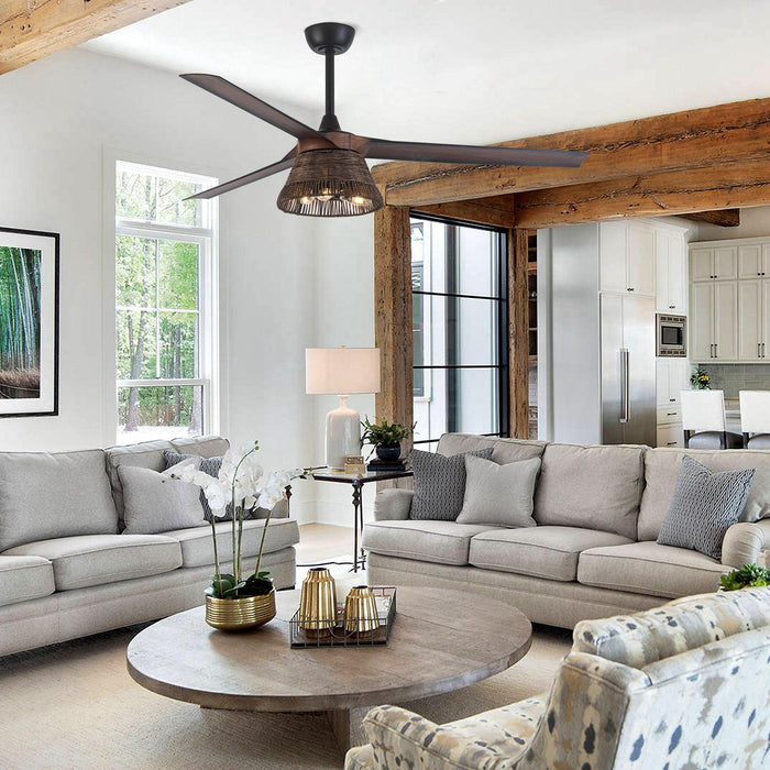 60" Farmhouse Downrod Mount Reversible Ceiling Fan with Lighting and Remote Control - ParrotUncle