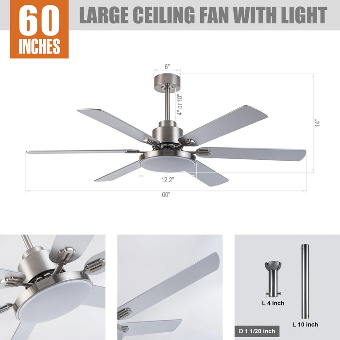 60" Lucknow Modern Satin Nickel DC Motor Downrod Mount Reversible Ceiling Fan with Lighting and Remote Control - ParrotUncle