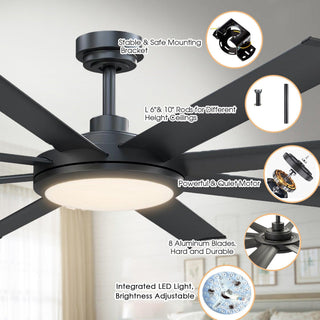 60" Industrial DC Motor Downrod Mount Ceiling Fan with Lighting and Remote Control