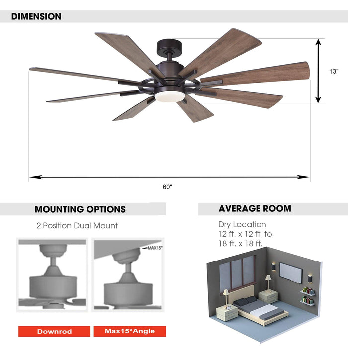 60" Oretha Windmill Modern DC Motor Downrod Mount Reversible Ceiling Fan with Lighting and Remote Control - ParrotUncle