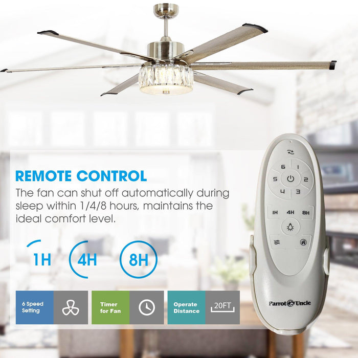 65" Modern Brushed Nickel DC Motor Downrod Mount Reversible Ceiling Fan with Lighting and Remote Control - ParrotUncle