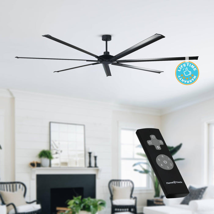 213 cm / 254 cm Silent Storm Extra Large Ceiling Fan, 7-Blade Aluminum Reversible DC Motor, 6-Speed Remote Control, Industrial Low Profile Fan for Large Indoor Spaces, Brushed Metal Finish