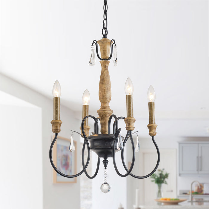 4-Light Classic Wooden Pendant Lighting with Crystals