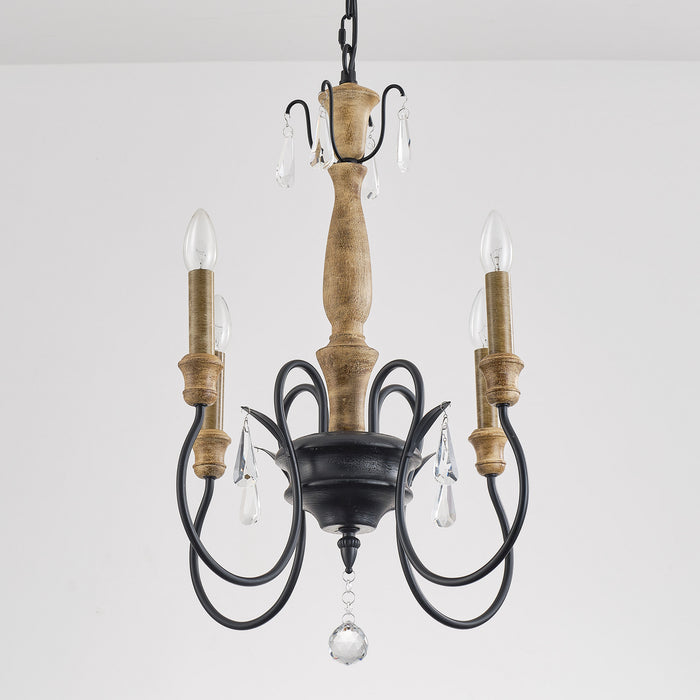 4-Light Classic Wooden Pendant Lighting with Crystals